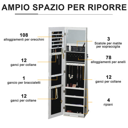 LED Jewellery Mirror with 4 Shelves and Storage Spaces, in Wood and Glass, 15x15x61.75 cm, White
