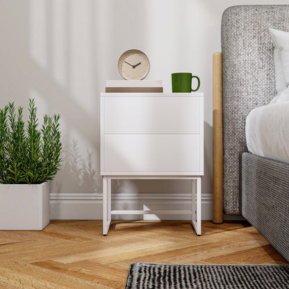 Modern 2-Drawer Bedside Table with Push-Opening, MDF and Steel, 40x30x50 cm, White