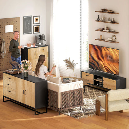 TV Cabinet 60" with Cabinet, 2 Drawers and Open Shelves, 140x35x45 cm, Natural Wood
