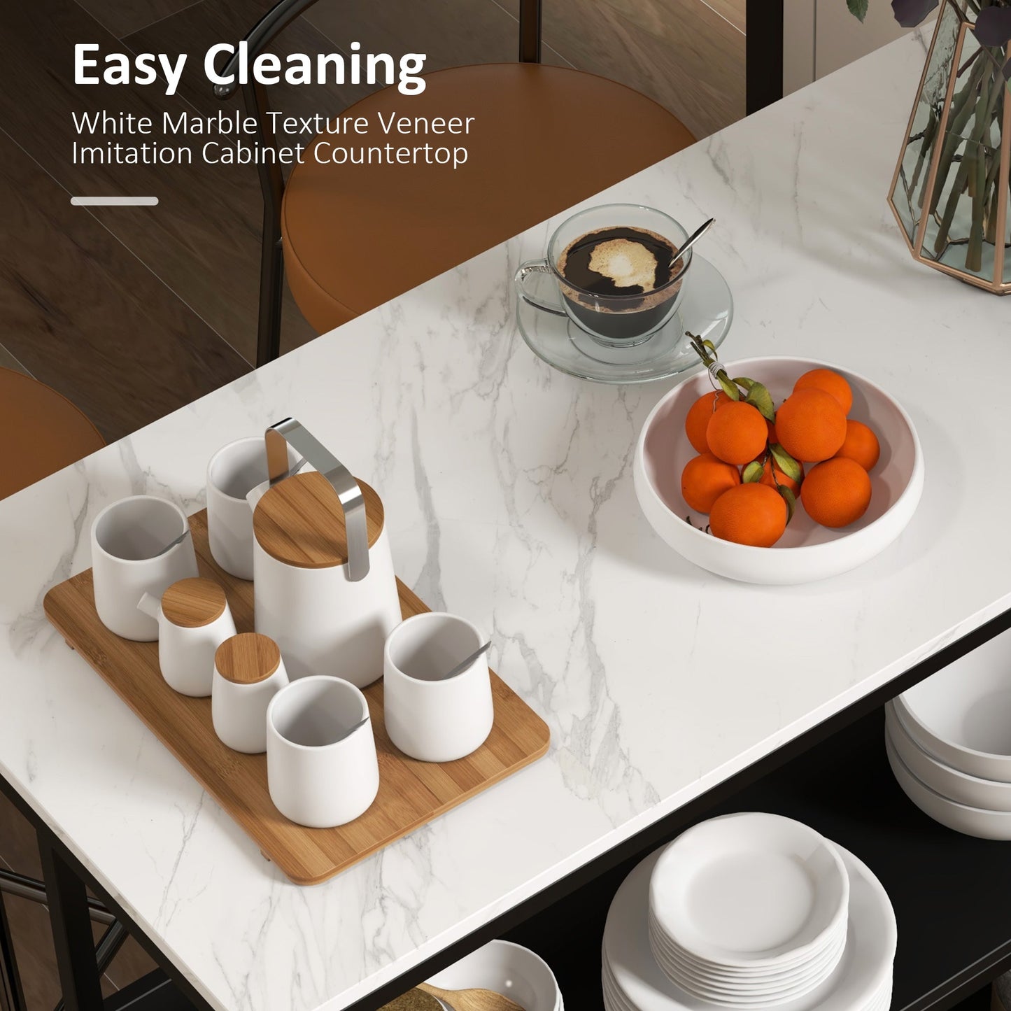 Kitchen Island with Shelves, Marble Effect Top and Metal Frame, 100x50x90cm, Black and White