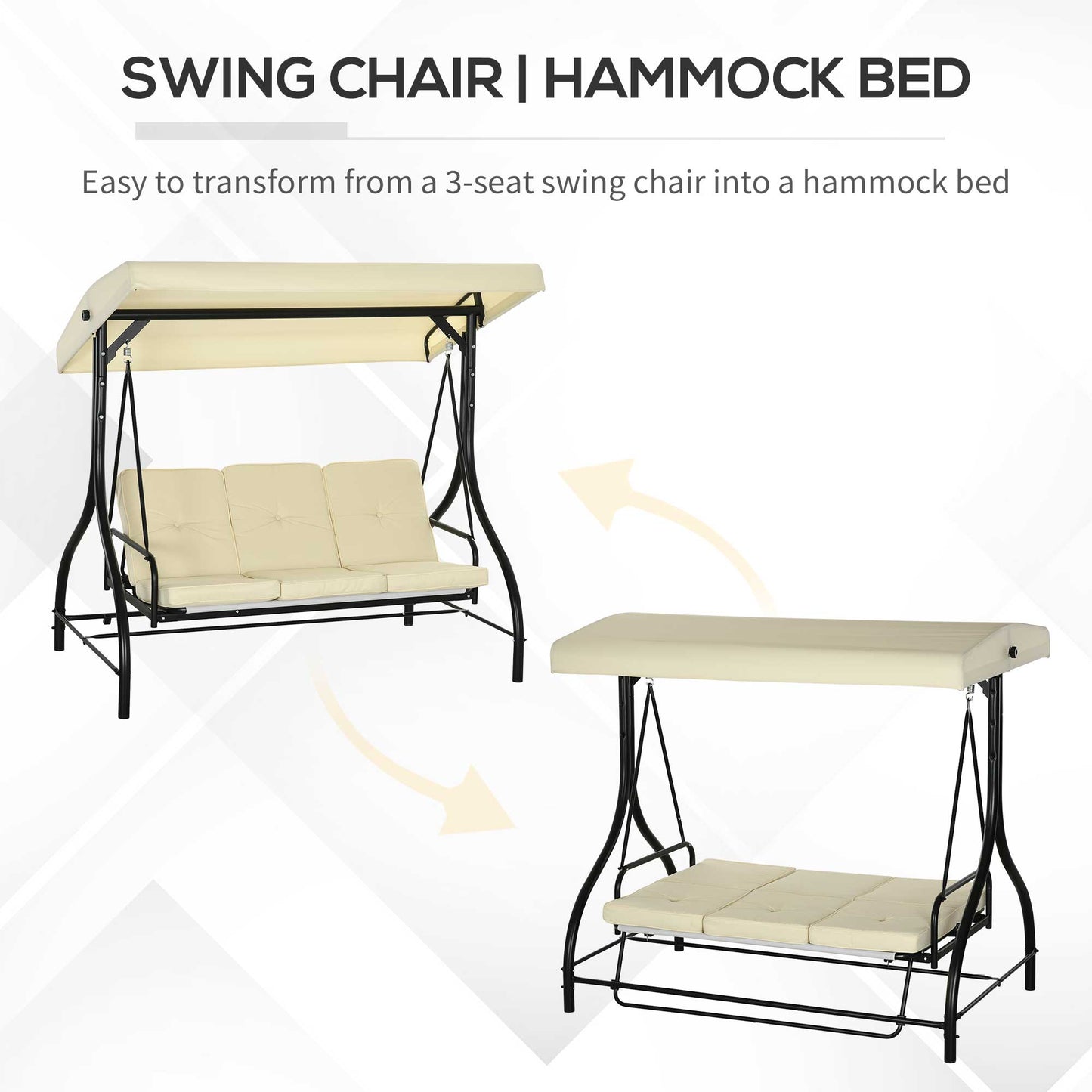 3 Seater Garden Swing with Adjustable Canopy, Metal and Teslin Fabric, Beige and Black