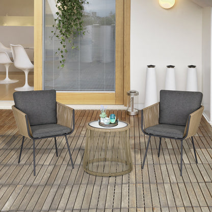 Set of 2 Outdoor Chairs with Table in PE Rattan Boho Style, Khaki and Grey
