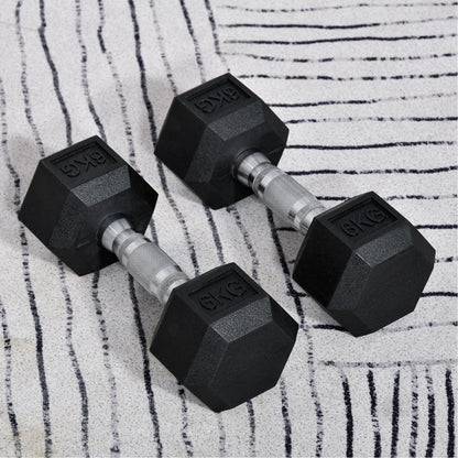 Set of 2 6kg Hex Dumbbells with Non-Slip Grip and Rubber Coating, Black
