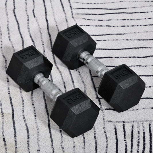 Set of 2 6kg Hex Dumbbells with Non-Slip Grip and Rubber Coating, Black