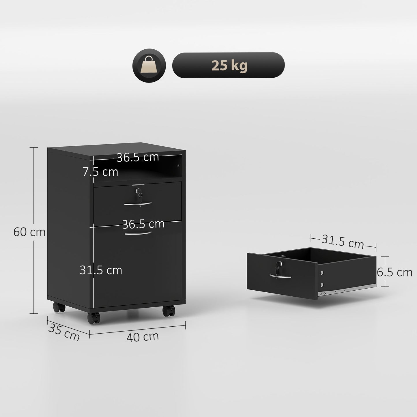 Wooden Office Cabinet with Open Shelf, Lockable Drawer and Storage Cabinet, 40x35x60 cm, Black