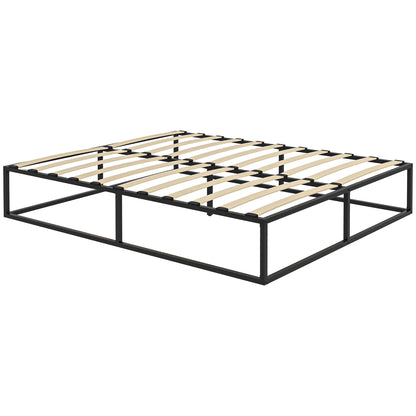 Bed Frame with Plywood Slats and Lower Container, 190x160x35cm, Black and Wood Color