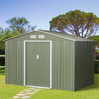 Garden Shed with 2 Sliding Doors and 4 Air Vents in Steel, 277x195x192cm, Light Green