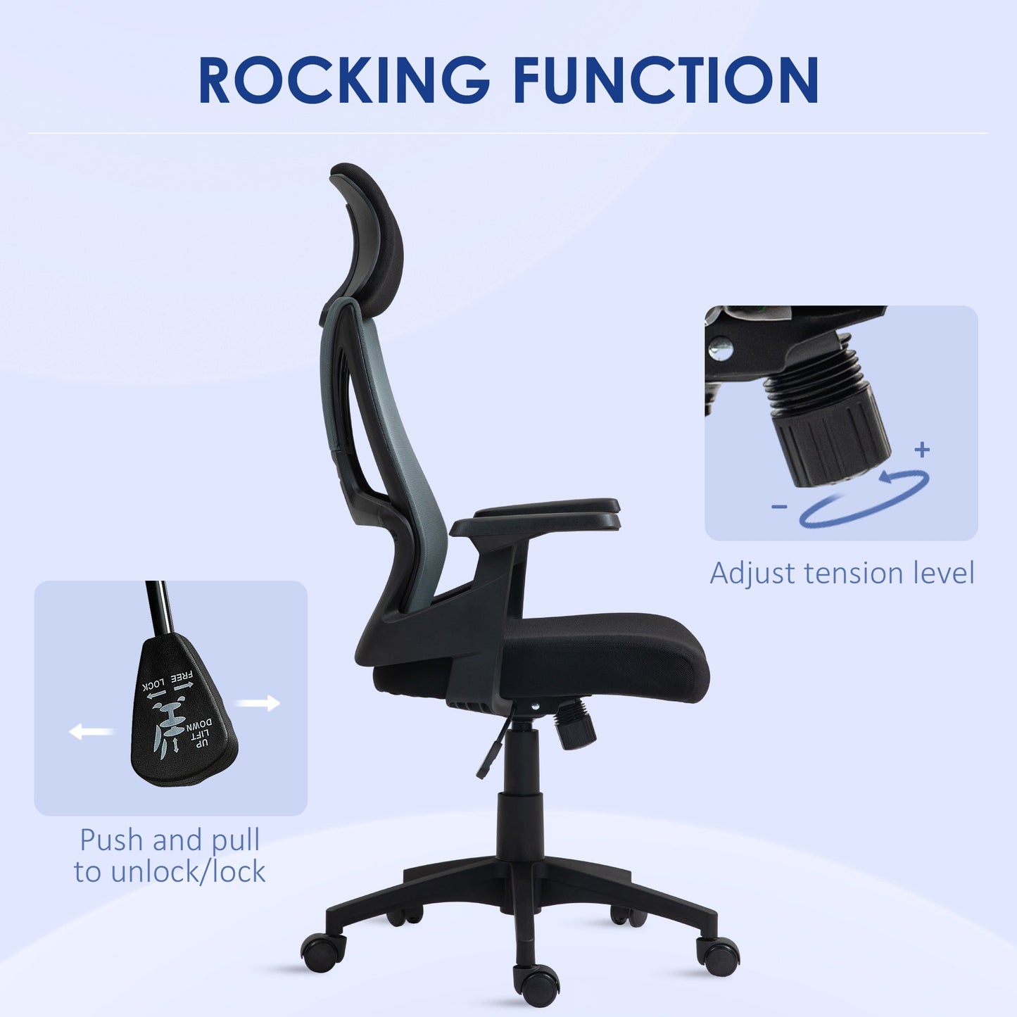 Office Chair with Lumbar Support and Headrest, Swivel Seat with Adjustable Height, Black