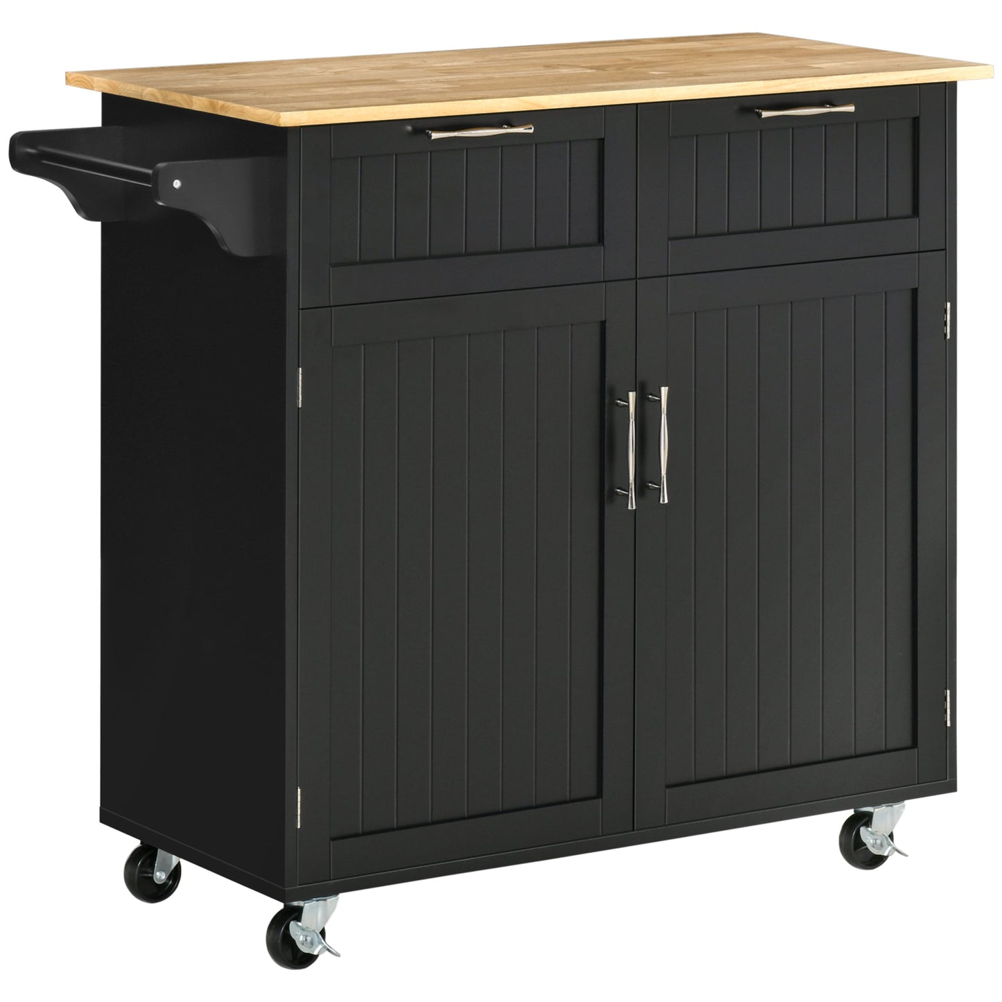 Multipurpose Wooden Kitchen Cart with 2 Drawers, Cabinet and 4 Wheels, 104x46x91cm, Black
