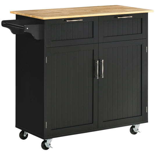 Multipurpose Wooden Kitchen Cart with 2 Drawers, Cabinet and 4 Wheels, 104x46x91cm, Black