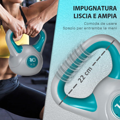 Kettlebell 10kg in PU and Sand with Flat Base and Handle for Deadlifts, Squats and Lifts, 22x16x26 cm, Dark Green