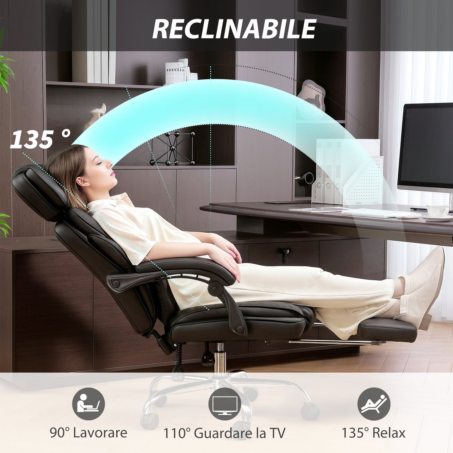 PU Leather Office Chair with Footrest, Adjustable Headrest and Lumbar Support, Black