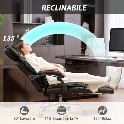 PU Leather Office Chair with Footrest, Adjustable Headrest and Lumbar Support, Black