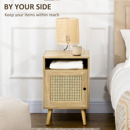Set of 2 Boho Style Nightstands with Cabinet and Open Shelf, Chipboard, Rattan and MDF, 39x35x60 cm