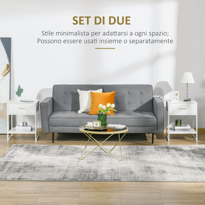 Set of 2 Modern Bedside Tables, 2 Nightstands for Bedroom and Living Room, with Drawer and Open Shelf, Modern Design, in MDF and Steel, 45x40x60cm, White