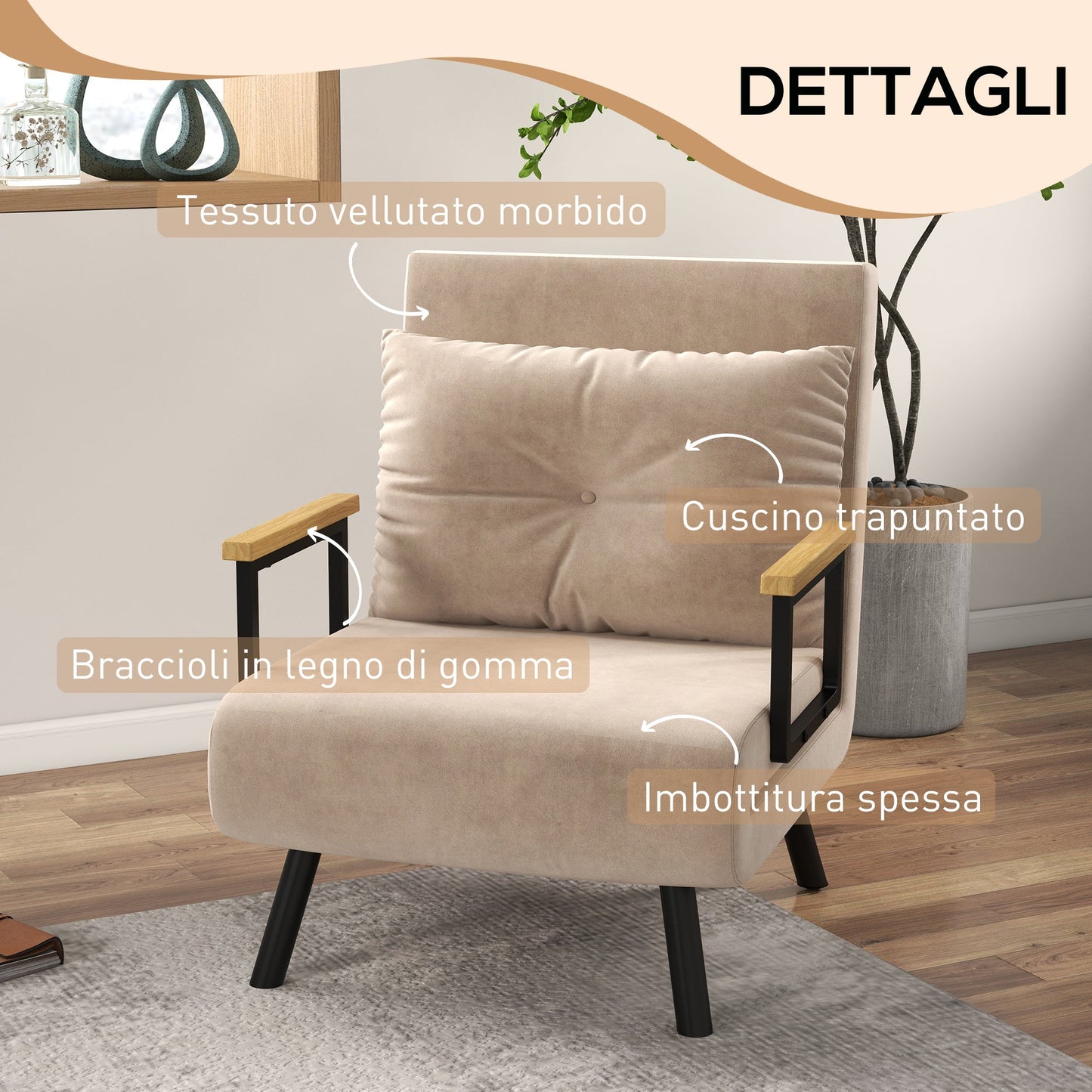 3-in-1 Reclining Armchair with Cushion, Velvet Fabric, 63x73x81 cm, Beige