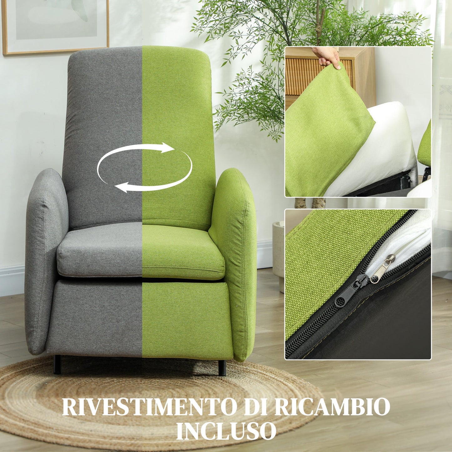 Reclining Relax Armchair with Removable Footrest, Replacement Cover and Seat with Springs, Gray