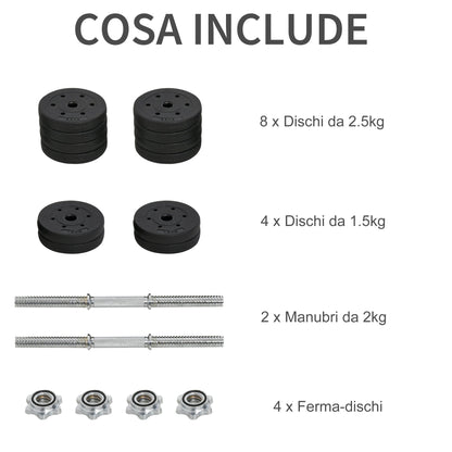 30kg Dumbbell Set (8 x 2.5 kg, 4 x 1.5 kg), Gym Weights with 12 Discs and 2 x 2 kg Dumbbells for Home Training, Black