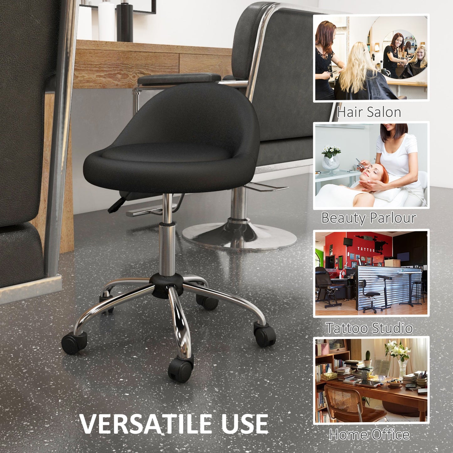 Stool with Wheels, Swivel Seat, Adjustable Height and PU Faux Leather Upholstery, Black