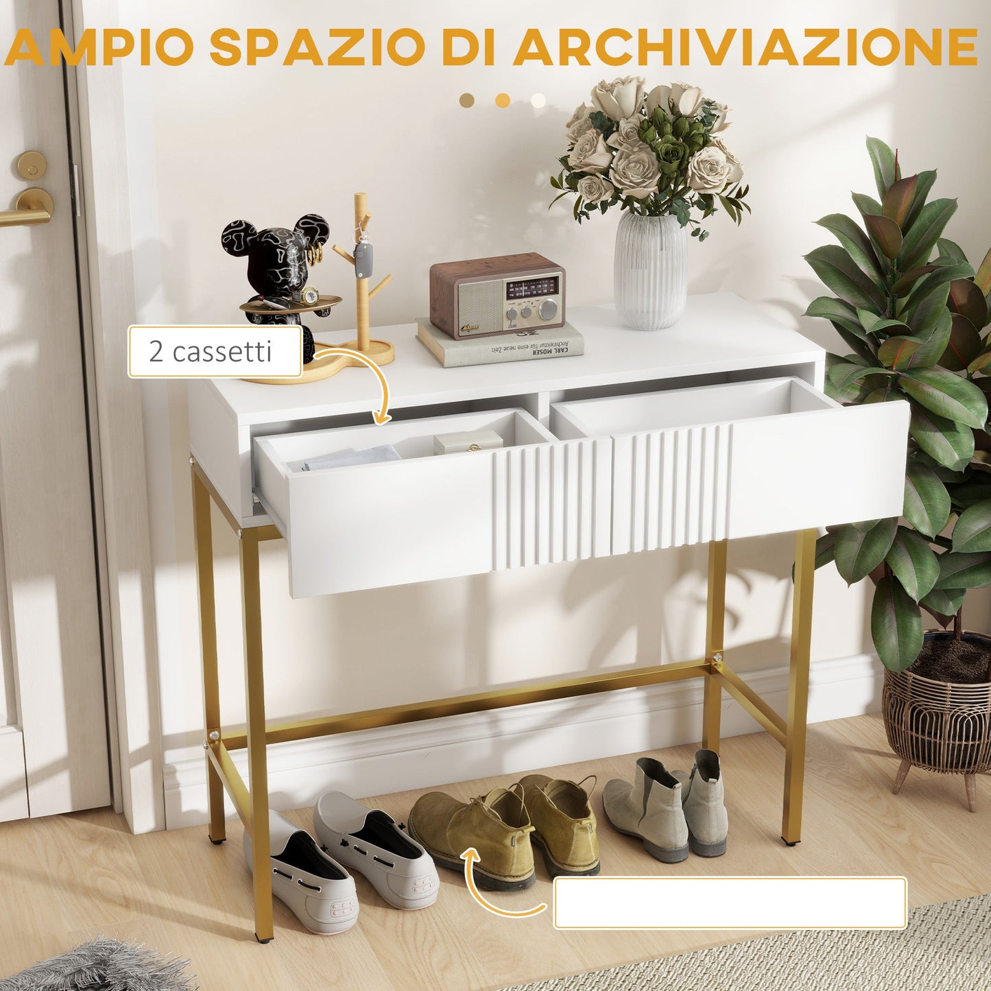 Modern Entryway Console Table with 2 Drawers and Golden Legs, 80x31.5x75cm, White