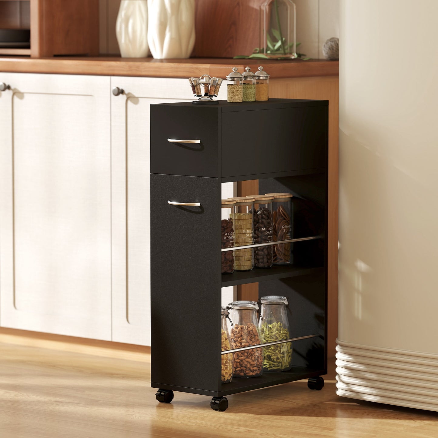Kitchen Cart with 2 Open Shelves, Drawer and Rails, Wood and Stainless Steel, 25x50x85 cm, Black