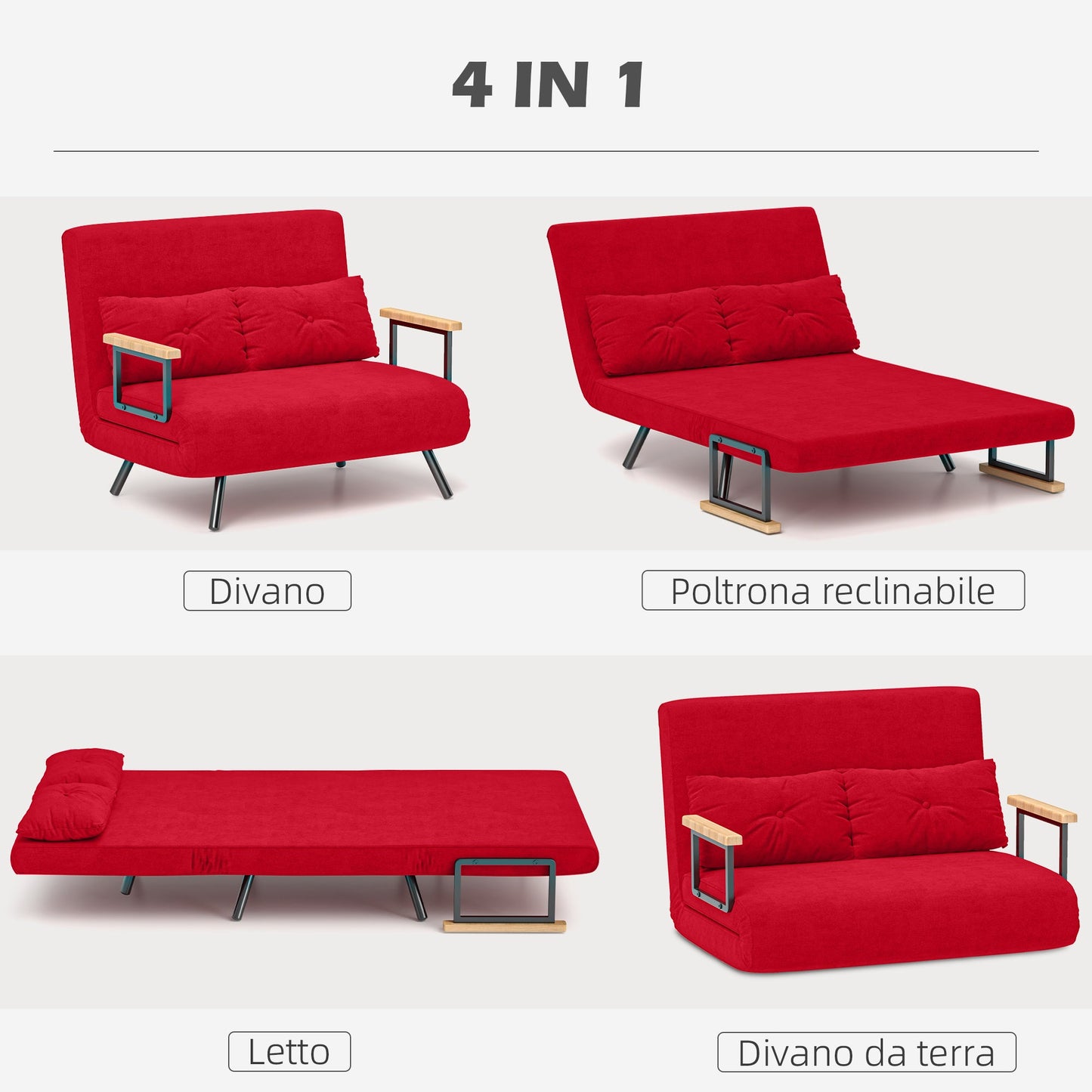Velvet Fabric Sofa Bed with Adjustable Backrest and 2 Cushions, 102x73x81 cm, Red