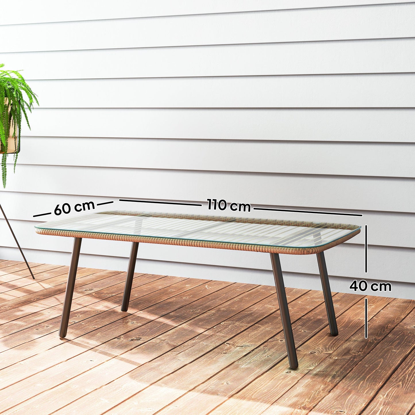 PE Rattan Garden Table with Glass and Steel Top, 110x60x40 cm, Natural Wood