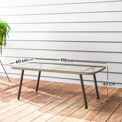 PE Rattan Garden Table with Glass and Steel Top, 110x60x40 cm, Natural Wood