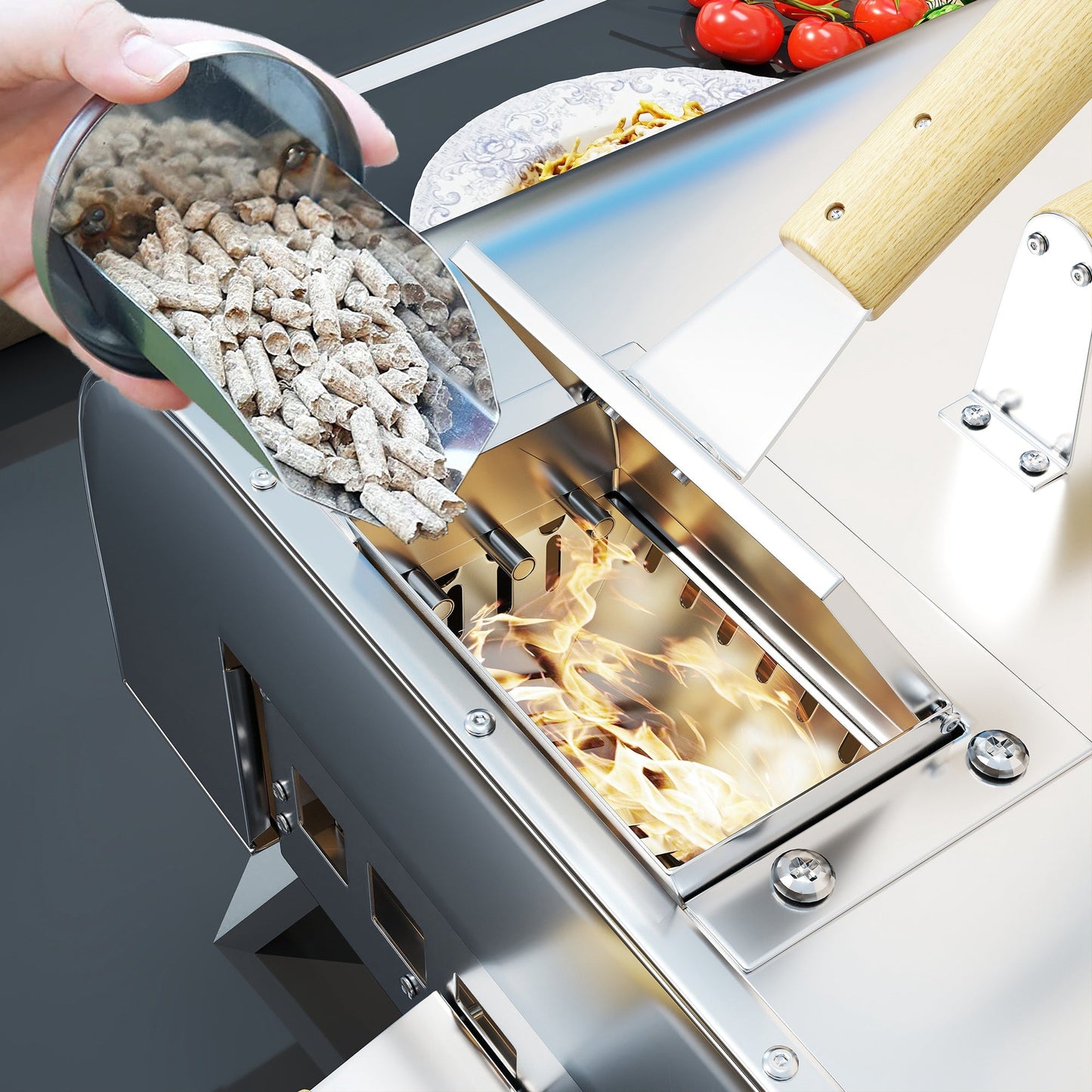 Wood Pellet Pizza Oven with Refractory Stone and Shovel, Stainless Steel, 79x36x75 cm, Silver