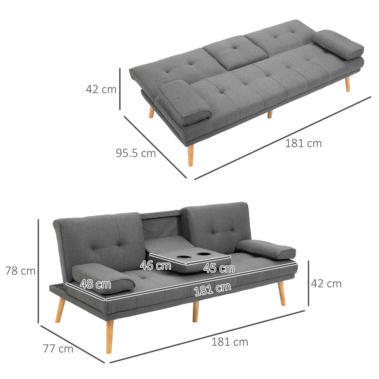 3 Seater Reclining Sofa Bed with 2 Detachable Armrests, in Linen Effect Fabric and Poplar Wood, 181x77x78 cm