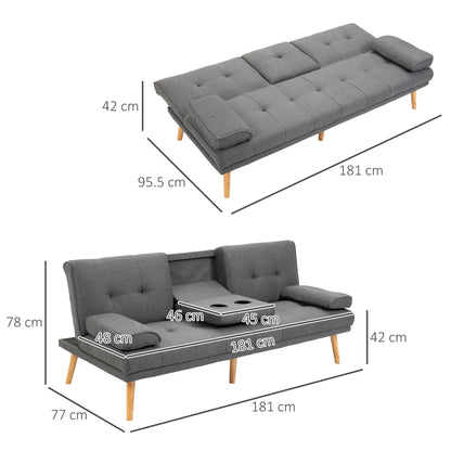 3 Seater Reclining Sofa Bed with 2 Detachable Armrests, in Linen Effect Fabric and Poplar Wood, 181x77x78 cm