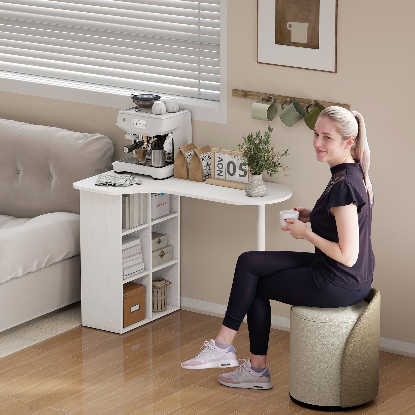 Curved Bedroom Desk with 6 Shelves and 4 Adjustable Shelves, Steel and Wood, 100x59x75.5 cm, White