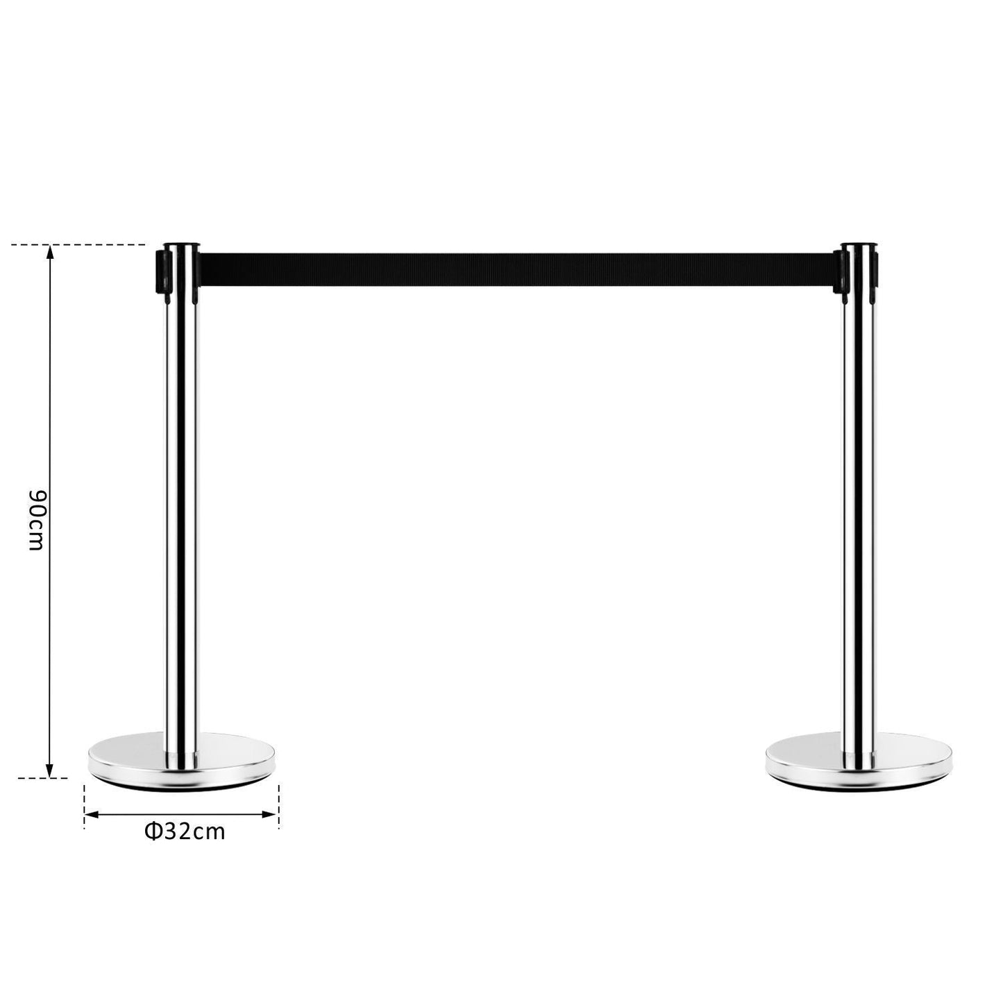 Silver Retractable Bollards | with black ribbon of 2m in Stainless Steel and Nylon | ф32x90cm