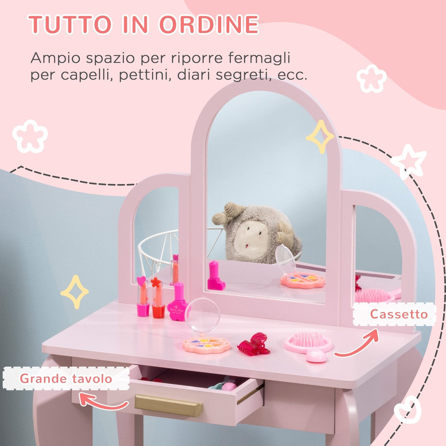 Girls Makeup Table with Stool, Drawers and Matching Mirror in Acrylic, Pink