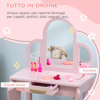 Girls Makeup Table with Stool, Drawers and Matching Mirror in Acrylic, Pink