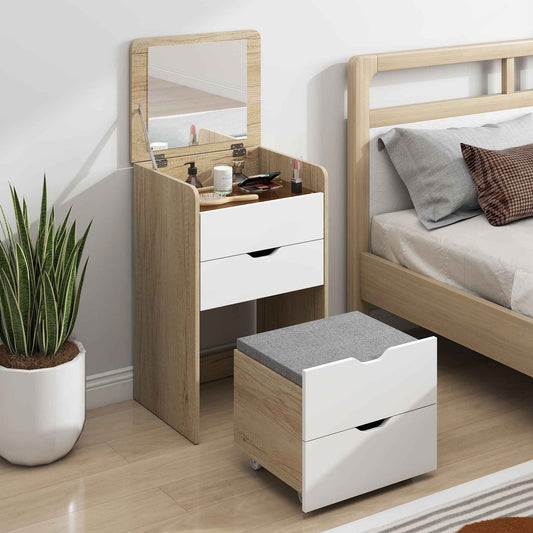 3-in-1 Dressing Table with Mirror, Storage, 2 Drawers and Stool, Wooden, 50x40x78 cm, White and Oak