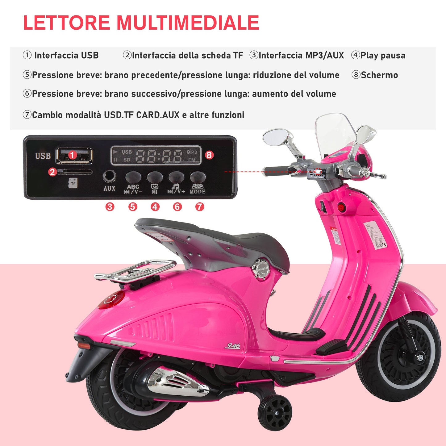 Officially Licensed Vespa Electric Motorcycle for Kids, 2 Wheels, Lights and Sounds, 108x49x75 cm, Pink