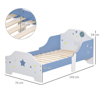Low Bed for Boys and Girls +3 Years with Sides, Blue and White Cot, 143 x 74 x 59 cm
