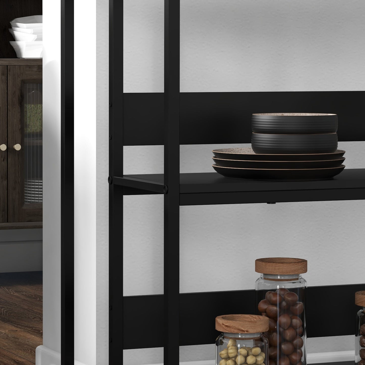 Kitchen Island with Shelves, Marble Effect Top and Metal Frame, 100x50x90cm, Black and White