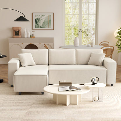 3 Seater Sofa with Peninsula in Velvet Effect Fabric, Foam and Nylon, 241x153x83 cm, Cream White