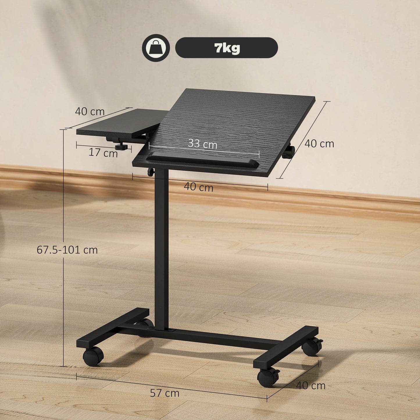 C-Shaped Sofa Table with Lockable Wheels and Tiltable Top, Black