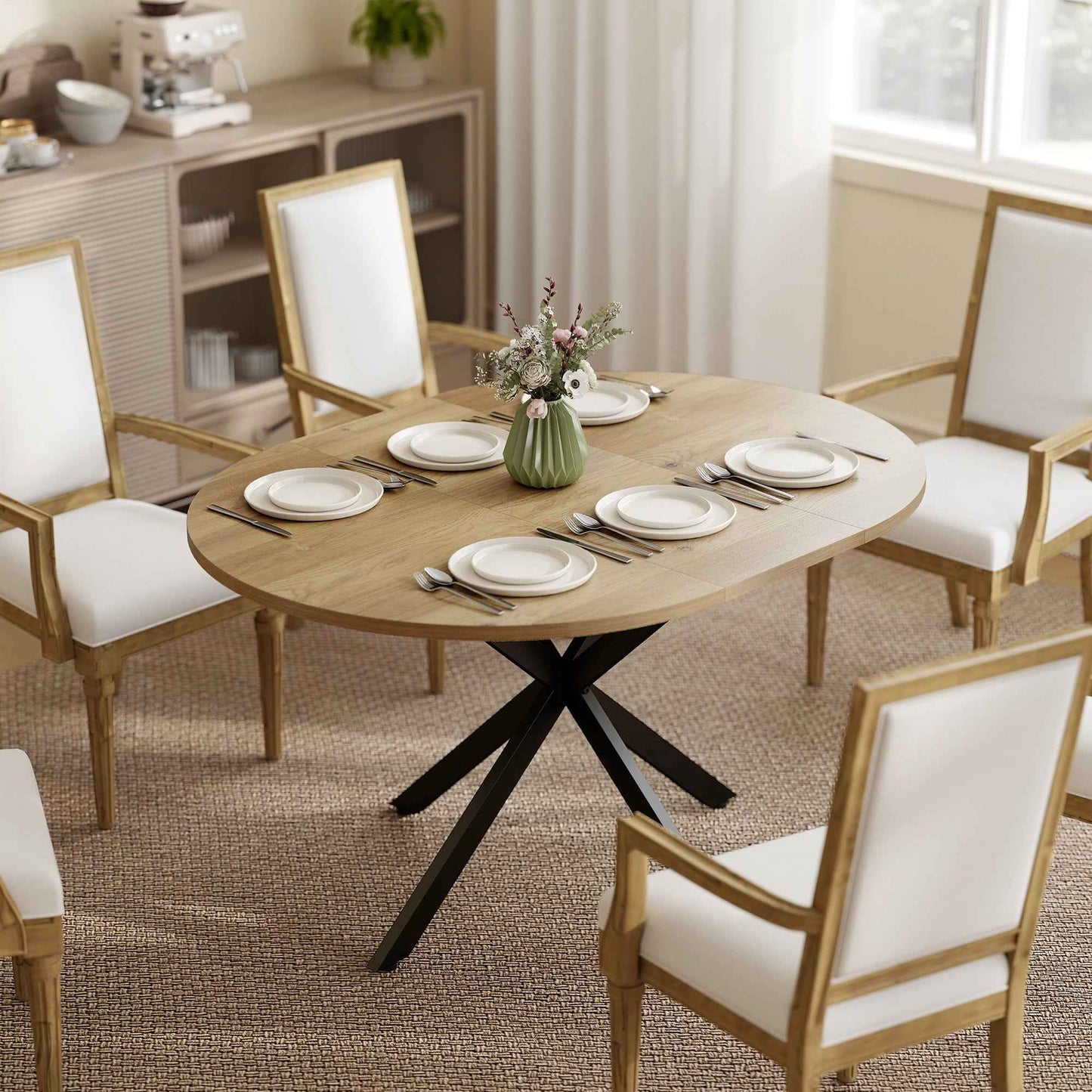 Industrial Dining Table for 4-6 People with Round Drop-Leaf Top, in Wood and Steel, 135x100x75 cm