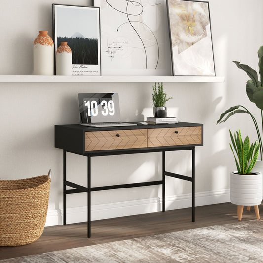 Modern Office Desk with 2 Drawers, Steel and MDF, 106x50x77 cm, Black and Oak