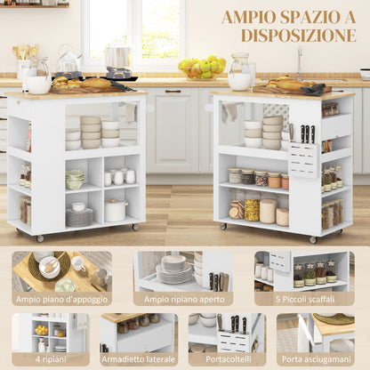 Kitchen Island Cart with Adjustable Shelves, Knife Holder and Wooden Top, 86.5x47x88 cm, White