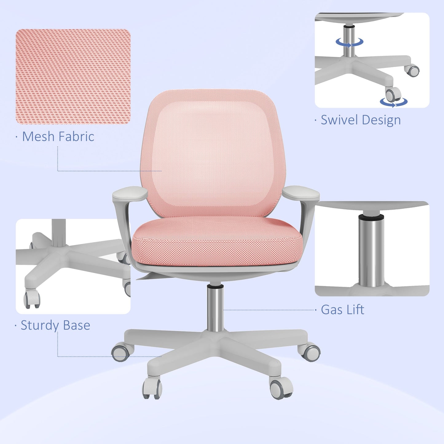Ergonomic office chair and reclining at adjustable height with 5 wheels, 55x48x82.5-94.5 cm, pink