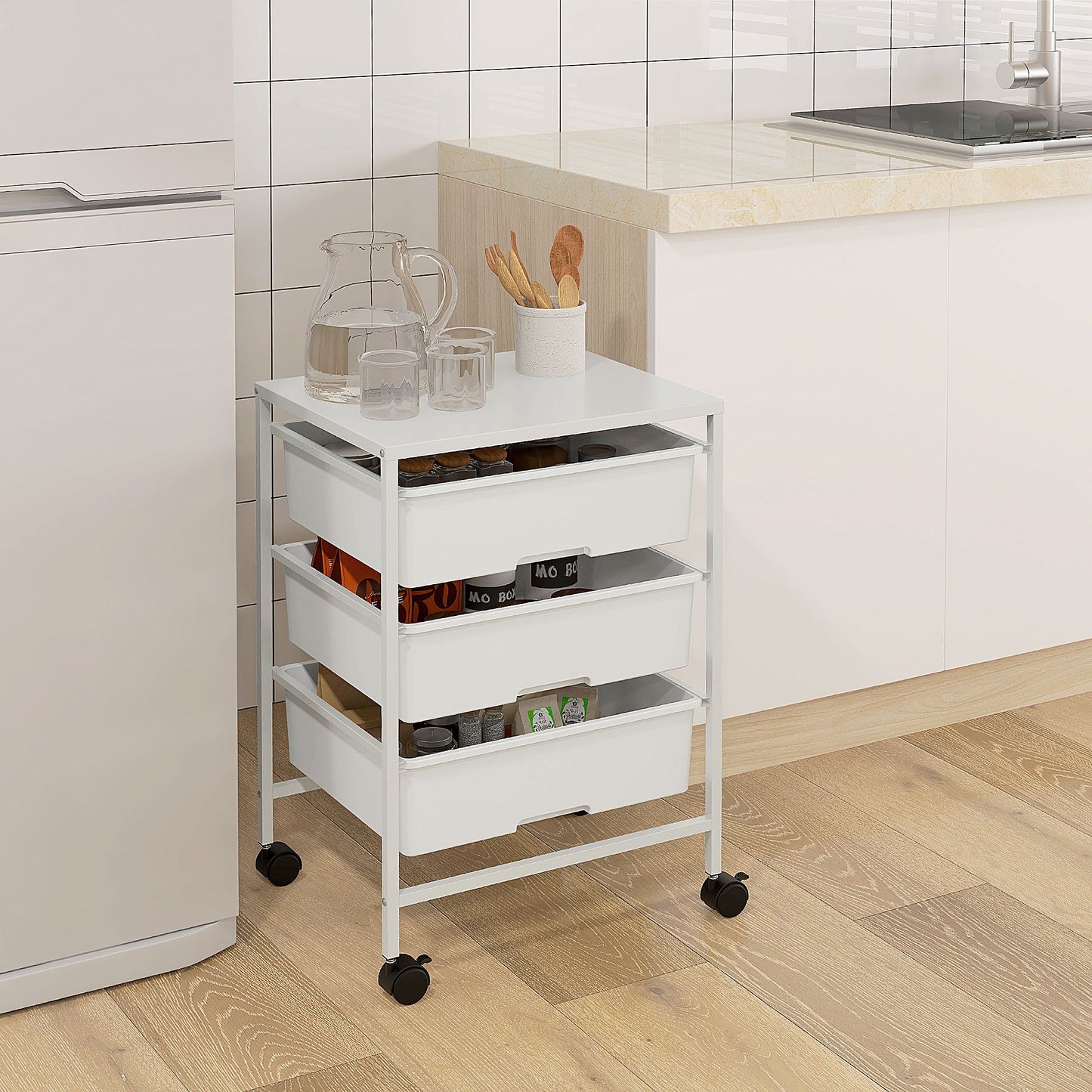 Multipurpose Trolley with 3 Removable Baskets and Wheels for Kitchen and Office in Steel and PP, White