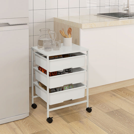 Multipurpose Trolley with 3 Removable Baskets and Wheels for Kitchen and Office in Steel and PP, White