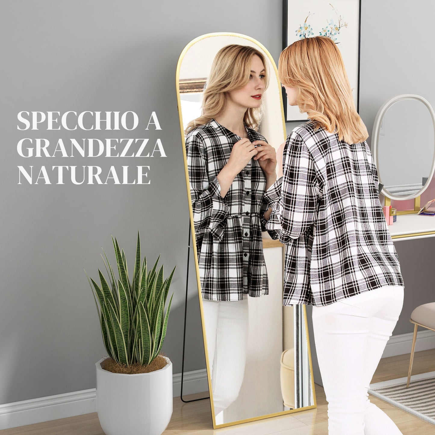 Modern Aluminum Alloy Floor and Wall Mirror with Folding Stand, 50x170cm, Gold