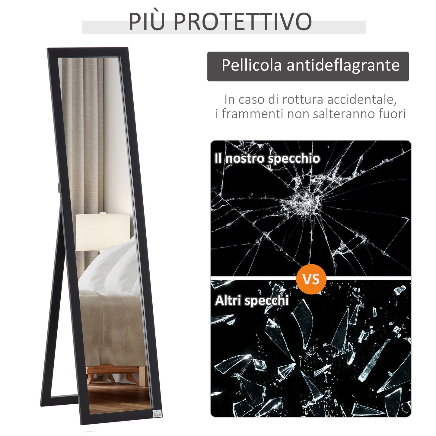 Floor and Wall Mirror with Folding Stand and MDF Frame, 37x48x152cm, Black