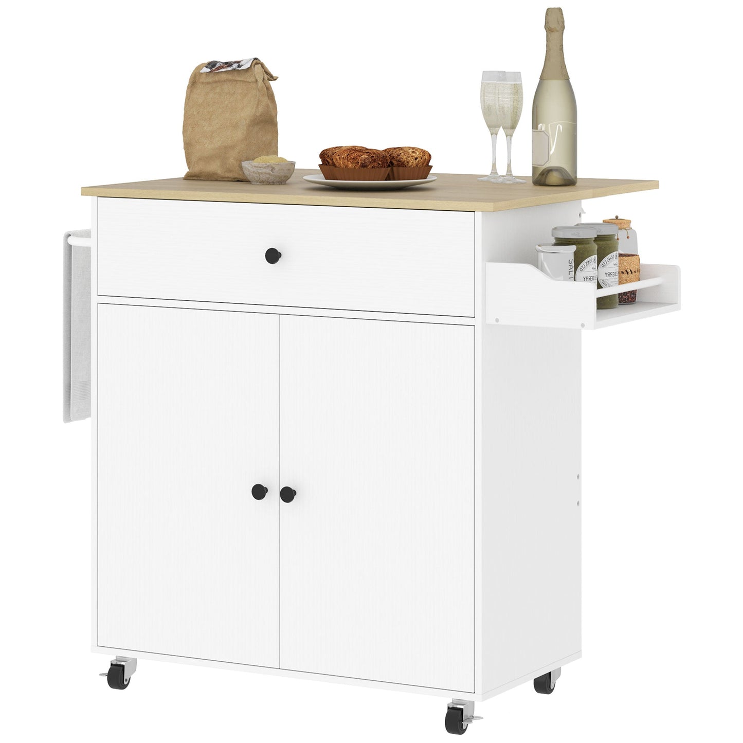 Kitchen Island with Drawer, Cabinet, Spice Rack and Towel Holder, 106x42x87 cm, White and Oak